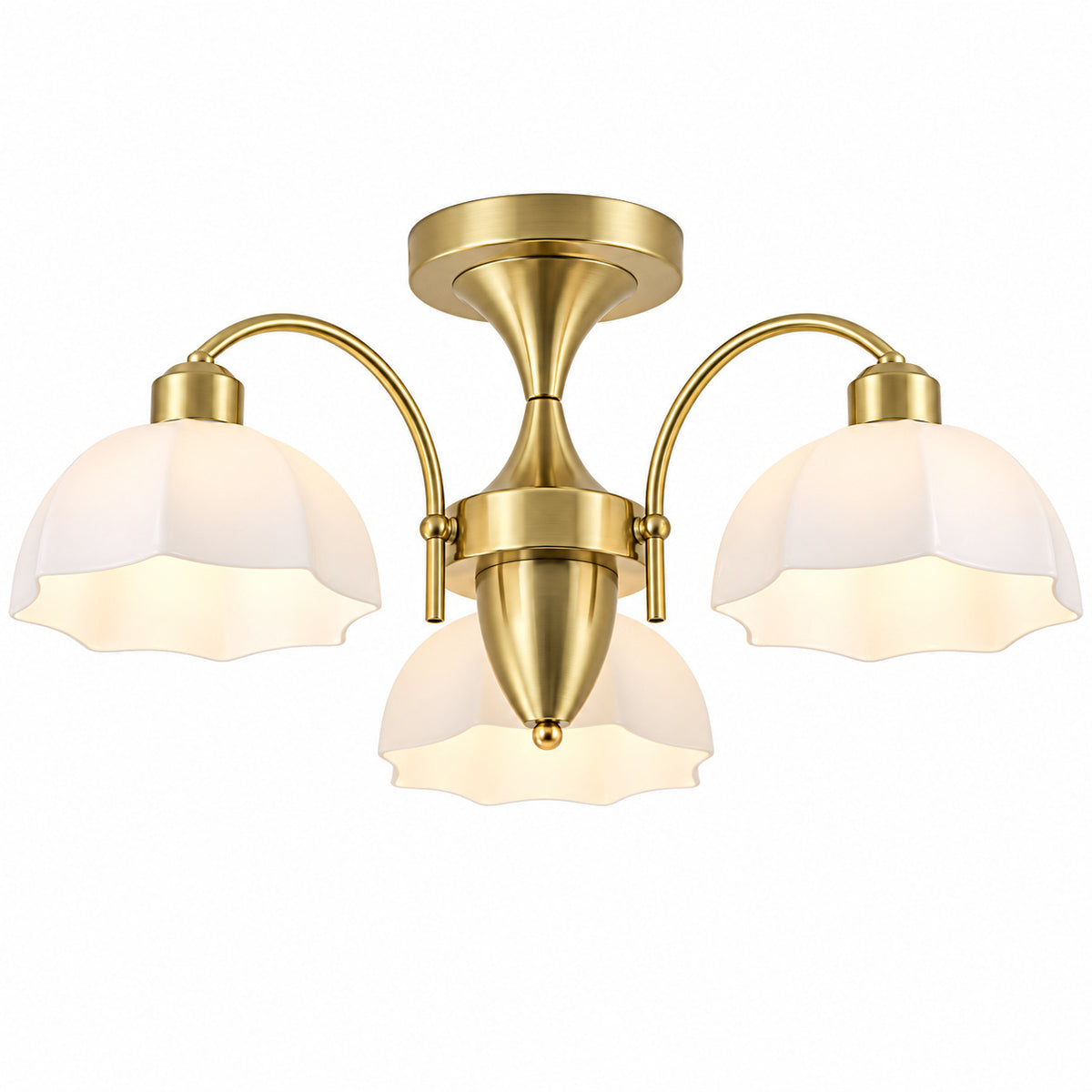 TinHon 24 in 3 Light Modern Brass Semi Flush Mount Ceiling Light with Milk Glass Shades for Bedroom Kitchen Hallway Entryway ZS CZ103 GD 03