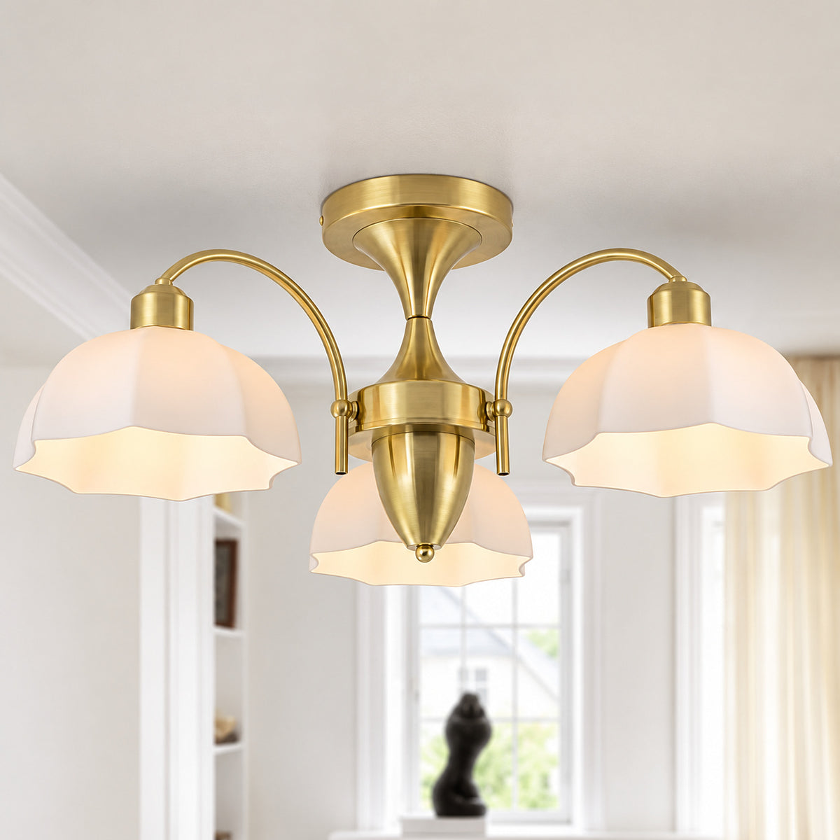 TinHon 24 in 3 Light Modern Brass Semi Flush Mount Ceiling Light with Milk Glass Shades for Bedroom Kitchen Hallway Entryway ZS CZ103 GD 03