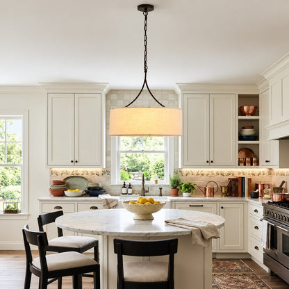 3 White and Black Light Beige Adjustable Fabric Drum Pendant Light for Kitchen Island Living Room Entryway DJYC W1367P460380