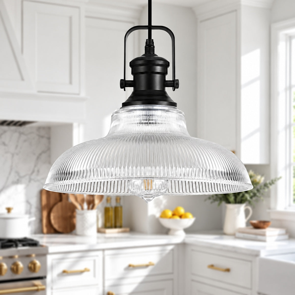 Merbotin RayHome 1 Light Farmhouse Matte Black Industrial Pendant Light with Ribbing Shade for Kitchen Island Sink GY046 1B