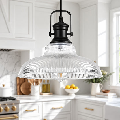 Merbotin RayHome 1 Light Farmhouse Matte Black Industrial Pendant Light with Ribbing Shade for Kitchen Island Sink GY046 1B