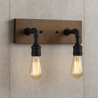 LNC Black Bathroom Vanity Light 2-Light Rustic Bronze Metal Wall Lamp Modern Industrial Water Pipe Sconce with Wood Accents