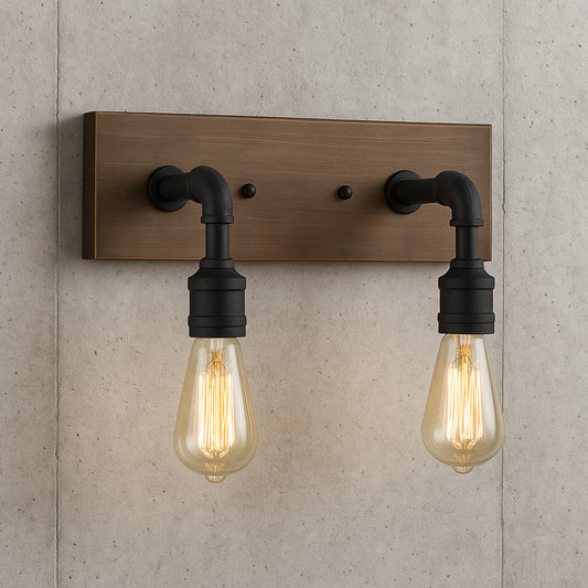 LNC Black Bathroom Vanity Light 2-Light Rustic Bronze Metal Wall Lamp Modern Industrial Water Pipe Sconce with Wood Accents