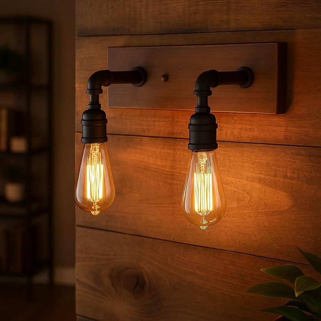 LNC Black Bathroom Vanity Light 2-Light Rustic Bronze Metal Wall Lamp Modern Industrial Water Pipe Sconce with Wood Accents