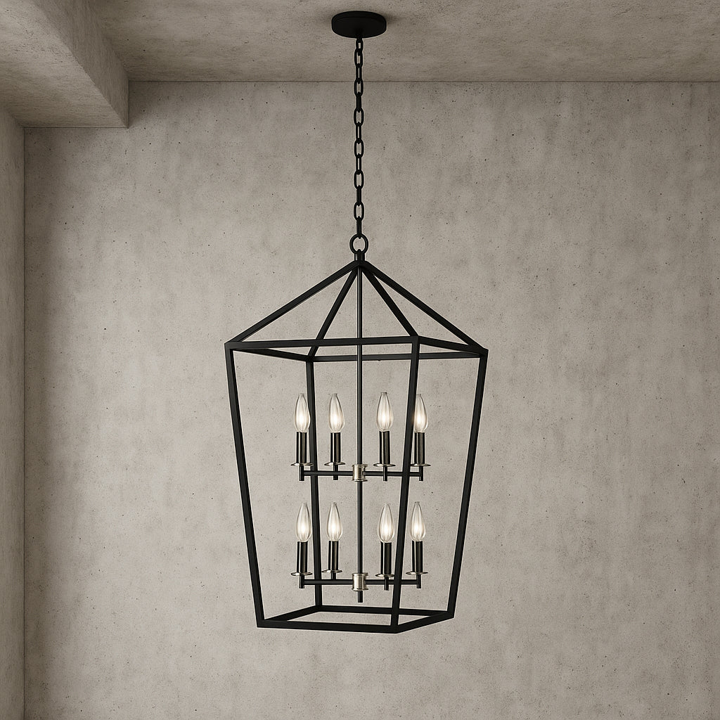 Home Decorators Collection Weyburn 8 Light Black and Polished Chrome Farmhouse Chandelier Light Fixture with Caged Metal Shade CP KB 86201/308680195 736916698030 Home Decorators Collection