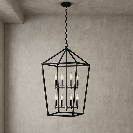 Home Decorators Collection Weyburn 8 Light Black and Polished Chrome Farmhouse Chandelier Light Fixture with Caged Metal Shade CP KB 86201/308680195 736916698030 Home Decorators Collection