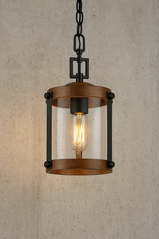 Modern Farmhouse Brown Chandelier 1-Light 6 in. Black Drum Mini Island Pendant Light with Seeded Glass Shades