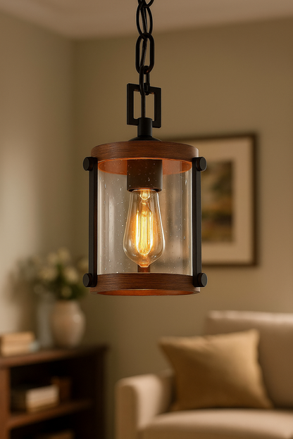 Modern Farmhouse Brown Chandelier 1-Light 6 in. Black Drum Mini Island Pendant Light with Seeded Glass Shades