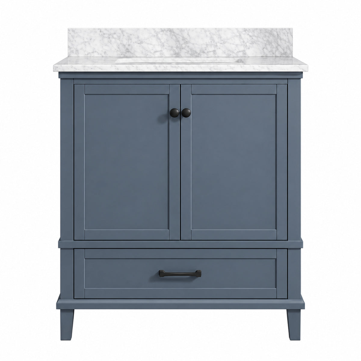 Home Decorators Collection Merryfield 31 in Single Sink Dark Blue Grey Bath Vanity with White Carrara Marble Top Assembled