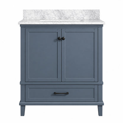 Home Decorators Collection Merryfield 31 in Single Sink Dark Blue Grey Bath Vanity with White Carrara Marble Top Assembled