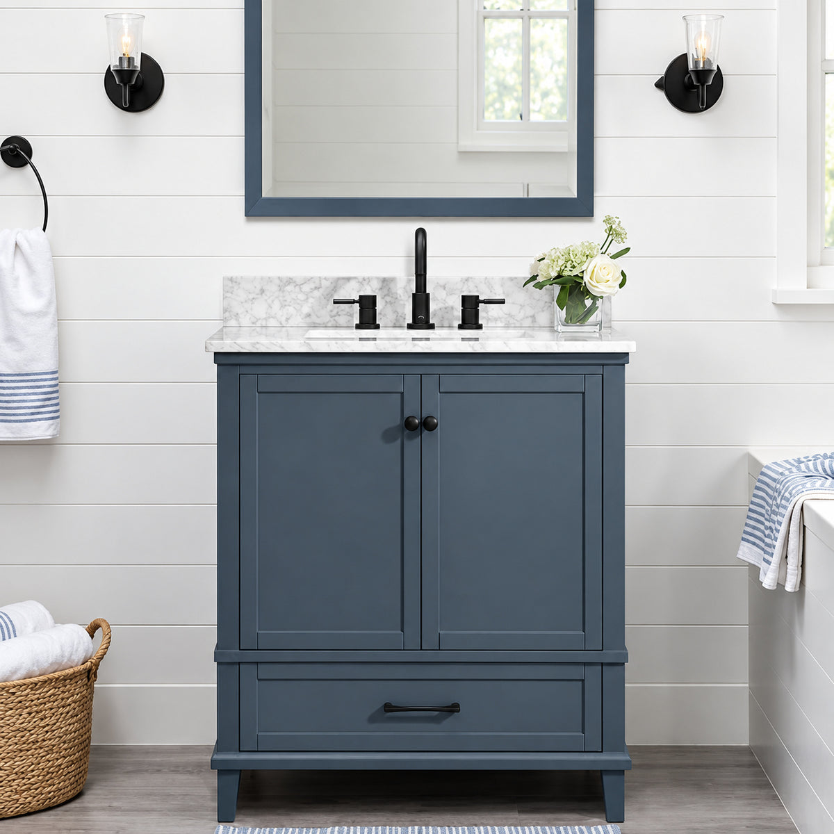 Home Decorators Collection Merryfield 31 in Single Sink Dark Blue Grey Bath Vanity with White Carrara Marble Top Assembled