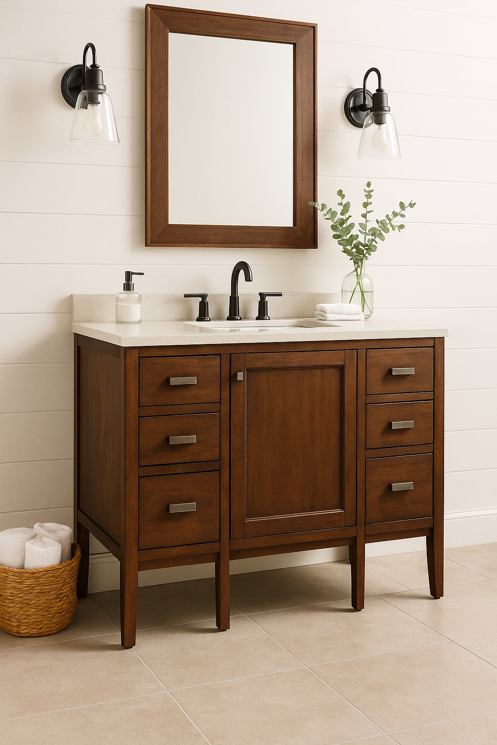 Addison 48 in. W X 23.5 in.D X 35.5 in. H Single Vanity in Mid Century Acacia with Quartz Top in Classic White