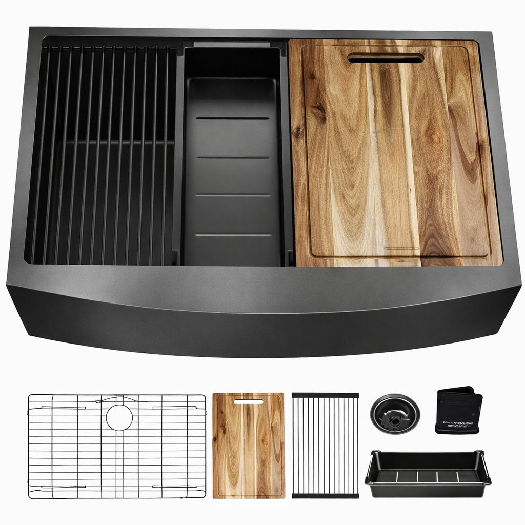 Glacier Bay 33 in Farmhouse Apron Front Single Bowl 18 Gauge Gunmetal Black Stainless Steel Workstation Kitchen Sink