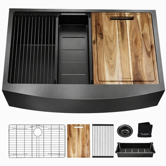 Glacier Bay 33 in Farmhouse Apron Front Single Bowl 18 Gauge Gunmetal Black Stainless Steel Workstation Kitchen Sink