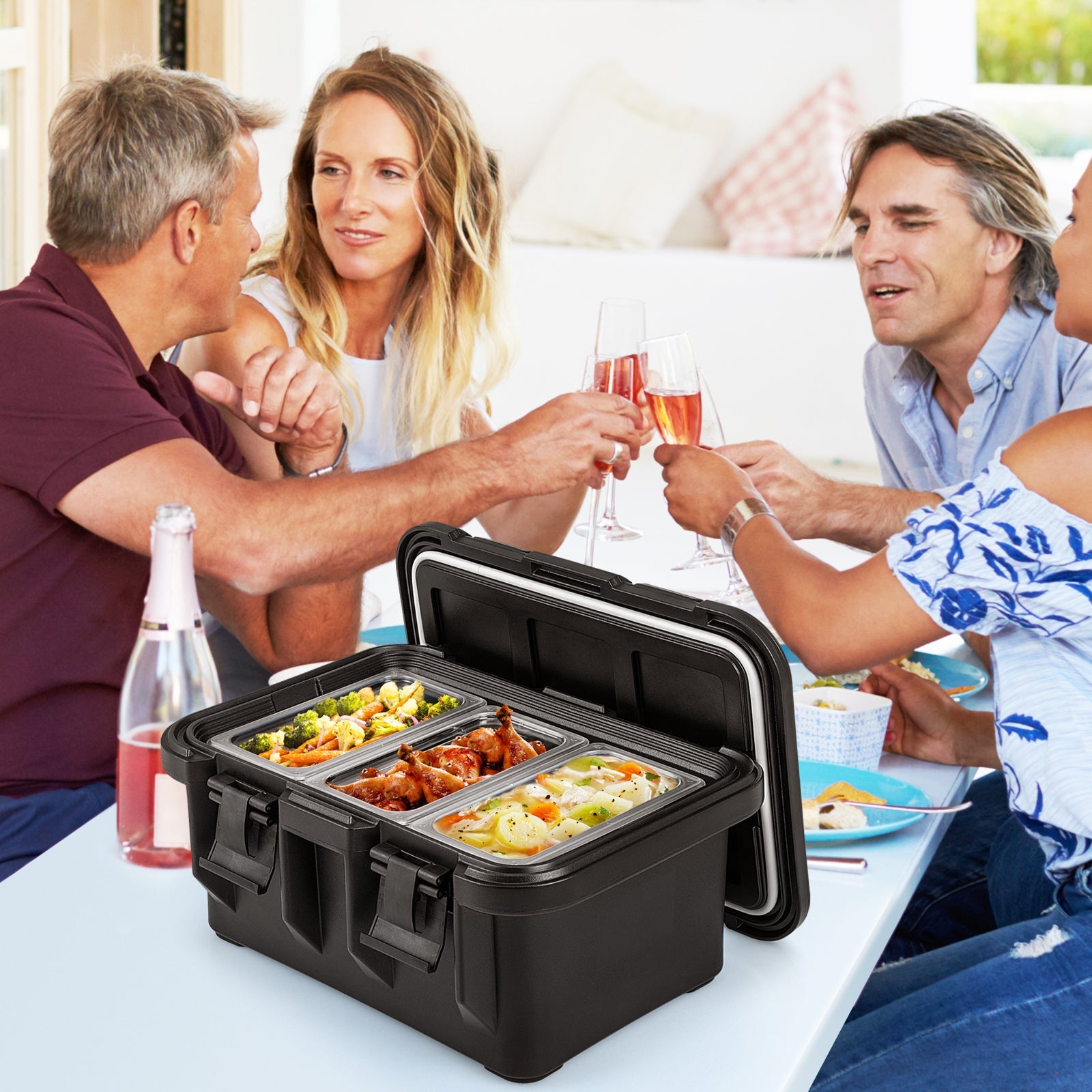 31 QT Insulated Food Pan Container with 3 Transparent One-Third Pans w ...