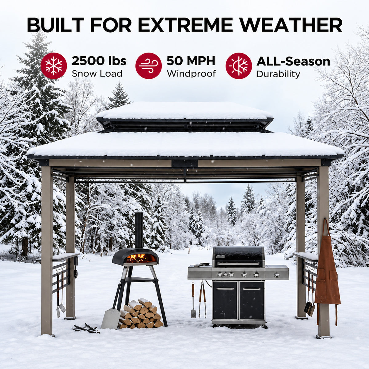 Sunjoy 8ft x 12 ft Matte Black Churchill Cedar Framed Grill Gazebo with exclusive AC Power Port and Cook Station for Backyard A104003711