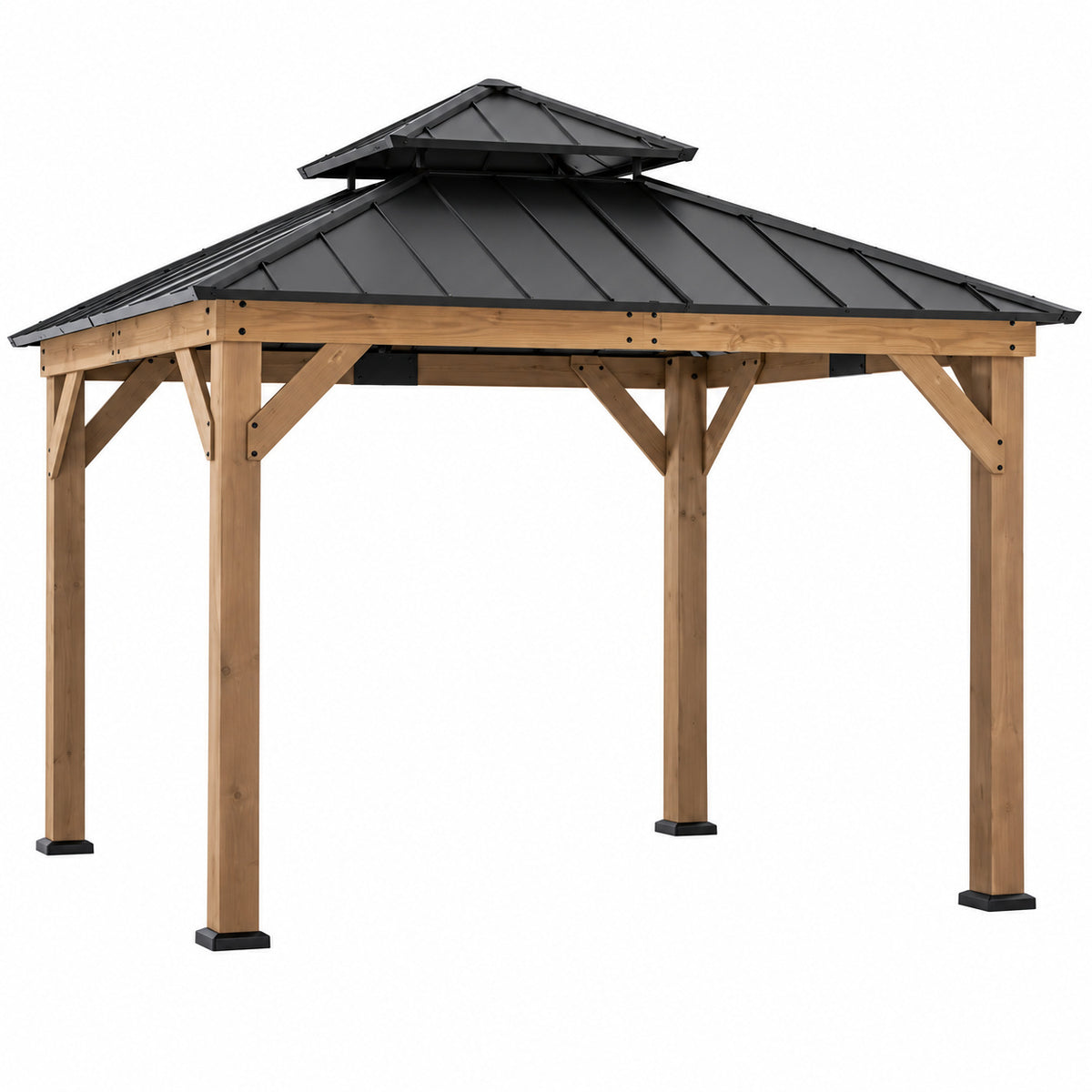 Sunjoy 11 ft x 11 ft Outdoor Patio Dark Brown 2 Tier Roof Steel Hardtop Gazebo with Cedar Frame and Ceiling Hook for Patio A102007392