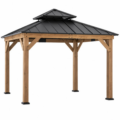 Sunjoy 11 ft x 11 ft Outdoor Patio Dark Brown 2 Tier Roof Steel Hardtop Gazebo with Cedar Frame and Ceiling Hook for Patio A102007392