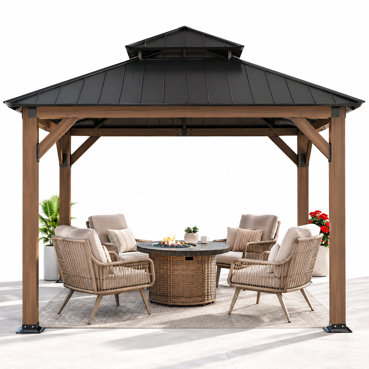 Sunjoy 11 ft x 11 ft Outdoor Patio Dark Brown 2 Tier Roof Steel Hardtop Gazebo with Cedar Frame and Ceiling Hook for Patio A102007392