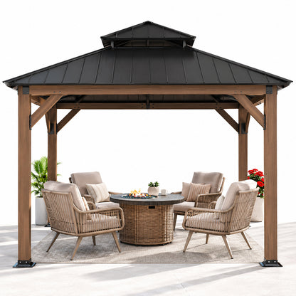 Sunjoy 11 ft x 11 ft Outdoor Patio Dark Brown 2 Tier Roof Steel Hardtop Gazebo with Cedar Frame and Ceiling Hook for Patio A102007392