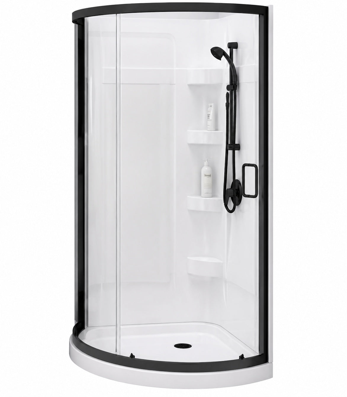 MAAX Cyrene 34 in W x 34 in x 76 in Corner Acrylic Center Drain Shower Stall Kit in White with Clear glass in Matte Black