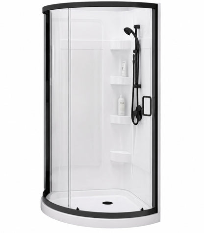 MAAX Cyrene 34 in W x 34 in x 76 in Corner Acrylic Center Drain Shower Stall Kit in White with Clear glass in Matte Black