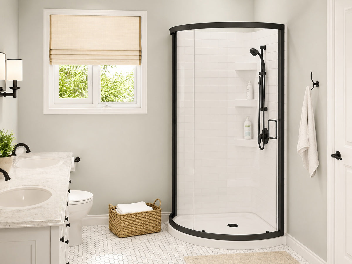 MAAX Cyrene 34 in W x 34 in x 76 in Corner Acrylic Center Drain Shower Stall Kit in White with Clear glass in Matte Black