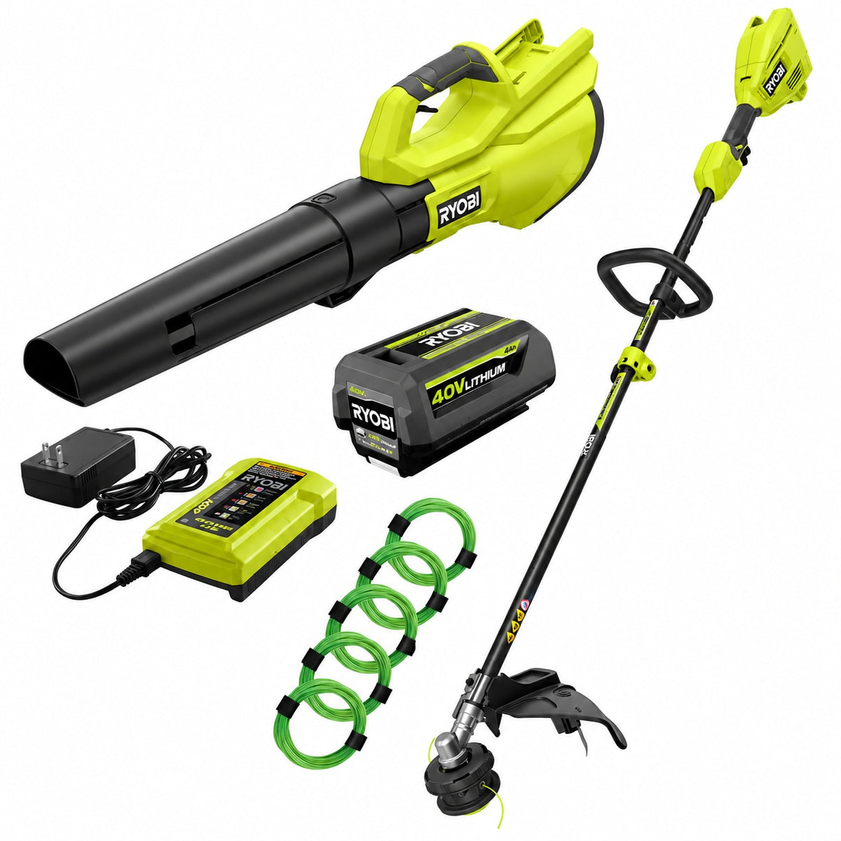 RYOBI 40V Cordless Attachment Capable String Trimmer 550 CFM 120 MPH Blower 080 Pre Cut Line w 4 0 Ah Battery Charger RY40CK201K AC0580PCL