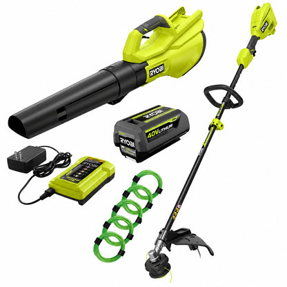 RYOBI 40V Cordless Attachment Capable String Trimmer 550 CFM 120 MPH Blower 080 Pre Cut Line w 4 0 Ah Battery Charger RY40CK201K AC0580PCL