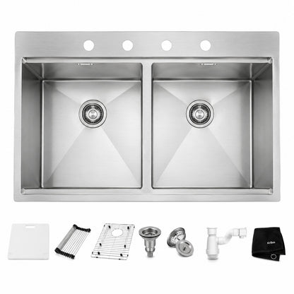 Glacier Bay Zero Radius 33 in Drop In 50 50 Double Bowl 18 Gauge Stainless Steel Kitchen Sink with Accessories 4310F