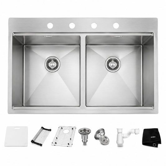 Glacier Bay Zero Radius 33 in Drop In 50 50 Double Bowl 18 Gauge Stainless Steel Kitchen Sink with Accessories 4310F