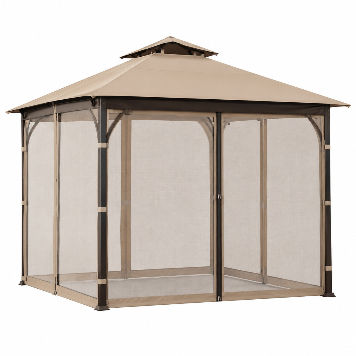 Sunjoy 9 5 ft x 9 5 ft Soft Top Outdoor Steel Frame Gazebo Canopy with Double Roof and Nettting for Backyard Beige and Brown A101011140