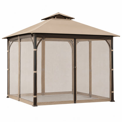 Sunjoy 9 5 ft x 9 5 ft Soft Top Outdoor Steel Frame Gazebo Canopy with Double Roof and Nettting for Backyard Beige and Brown A101011140