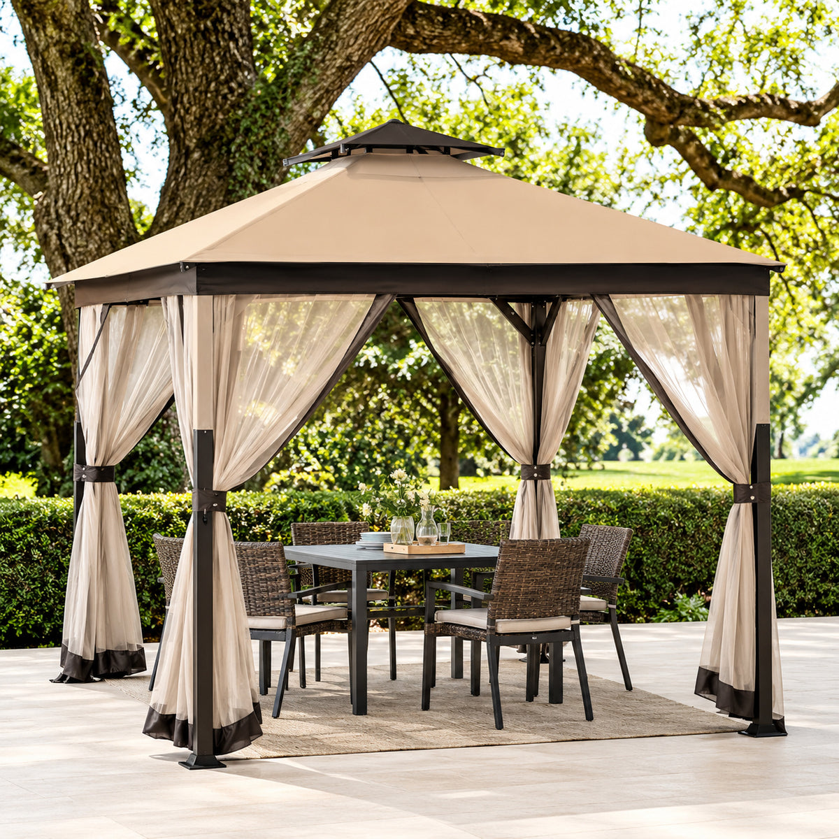 Sunjoy 9 5 ft x 9 5 ft Soft Top Outdoor Steel Frame Gazebo Canopy with Double Roof and Nettting for Backyard Beige and Brown A101011140