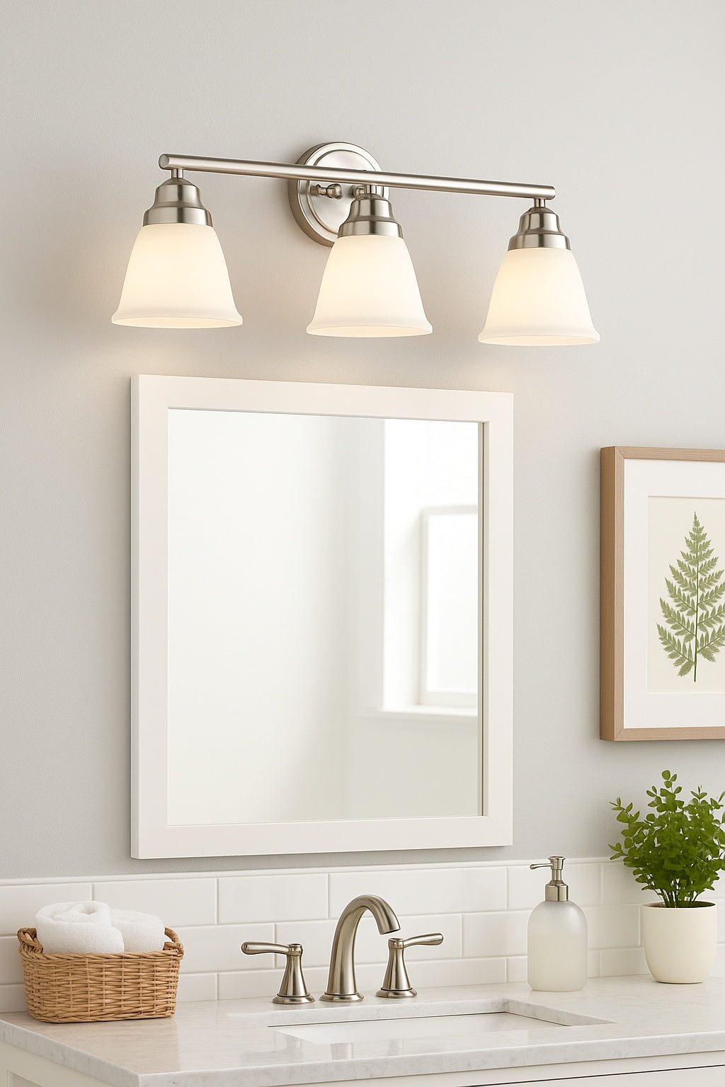 Ashhurst 3 Light Brushed Nickel Classic Traditional Bathroom Vanity Light with Frosted Glass Shades EGM1393A 5/BN