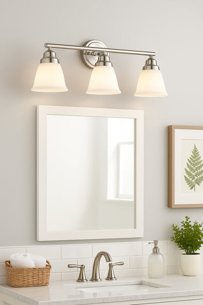 Ashhurst 3 Light Brushed Nickel Classic Traditional Bathroom Vanity Light with Frosted Glass Shades EGM1393A 5/BN
