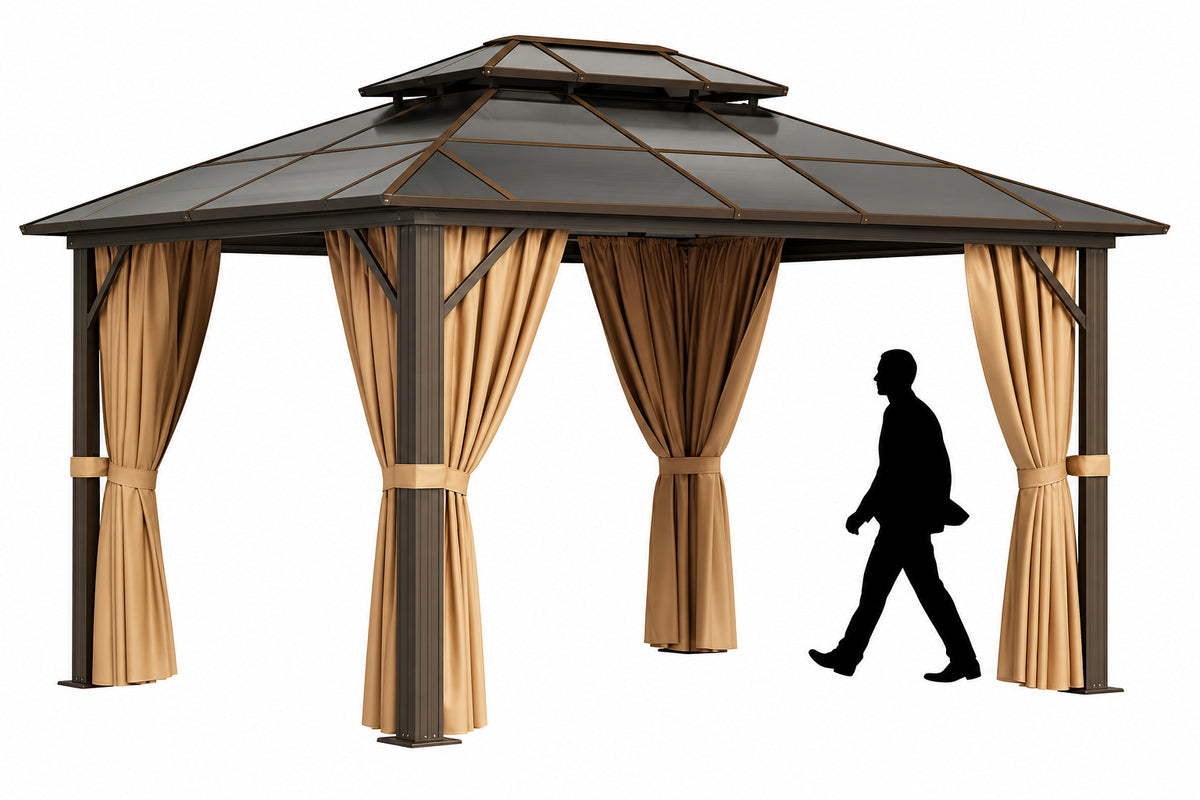 AOXUN 12 ft x 10 ft Gazebo Rectangle Brown Metal Polycarbonate Roof Gazebo with Screen Included