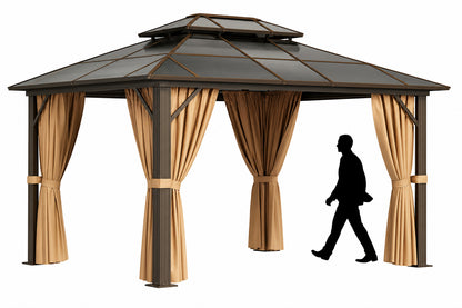 AOXUN 12 ft x 10 ft Gazebo Rectangle Brown Metal Polycarbonate Roof Gazebo with Screen Included