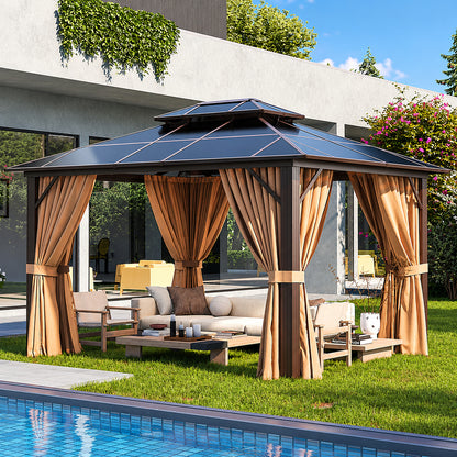 AOXUN 12 ft x 10 ft Gazebo Rectangle Brown Metal Polycarbonate Roof Gazebo with Screen Included