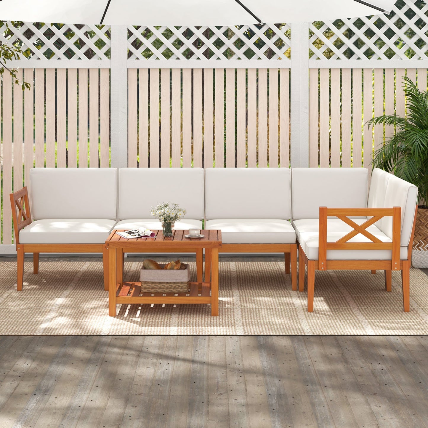 6 Pieces Acacia Wood Patio Furniture Set with Cushions and 2-Tier Coffee Table-White