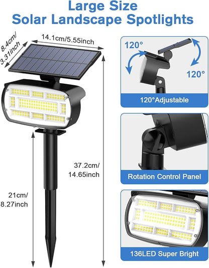 Fabrito Solar Spot Lights Outdoor 136 LEDs, Large Area Lighting Solar Lights Outdoor, 4 Pack IP65 Waterproof Landscape Spotlights Auto On/Off for Yard, Garden, Pathway, Plants,Tree (Cool White)