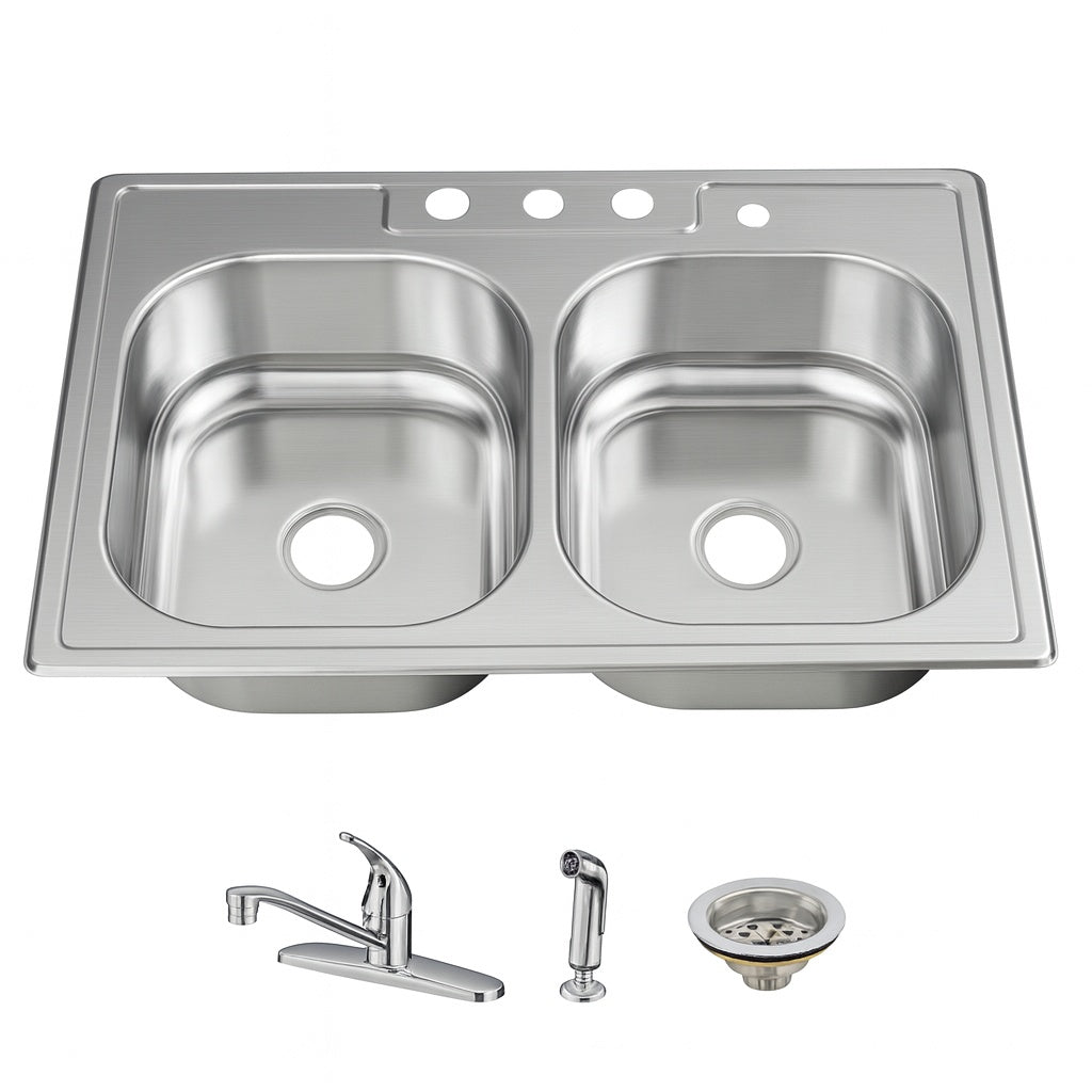Glacier Bay 33 in Drop In 50 50 Double Bowl 20 Gauge Stainless Steel Kitchen Sink