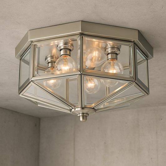 Progress Lighting 4 Light Brushed Nickel Clear Beveled Glass Traditional Indoor Outdoor 11 1 8 Flush Mount Light P5789 09/100636042 785247162802 Progress Lighting