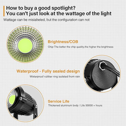 LemonBest Landscape Lights - 5W 110V Outdoor Spotlight - Waterproof IP65-3000K Cool White LED Landscape Lights - 5ft Cable for Yard Garden Patio Driveway House (Include Spike) (6 Pack)