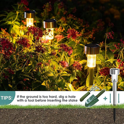 GIGALUMI Solar Lights Outdoor Waterproof, 12 Pack, Stainless Steel LED Solar Garden Lights for Patio, Lawn, Yard and Landscape, Garden Decor Patio Decor,Warm White