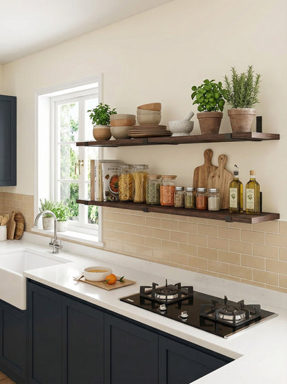 Wood Wall Shelves 15.8” with Metal Brackets – Rustic Floating Shelves | 5/8 Pack