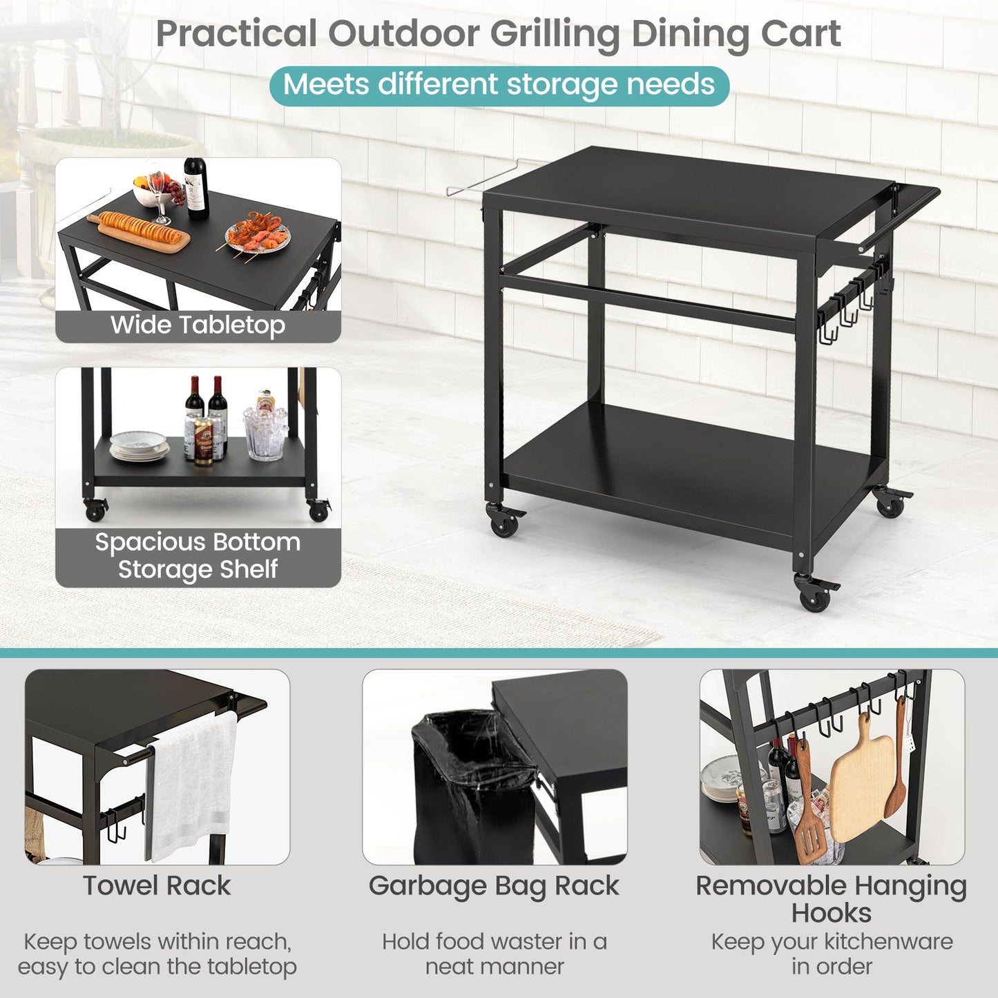 Double-Shelf Movable BBQ Cart with 4 Lockable Wheels